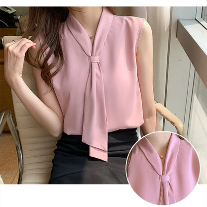 Women's Shirt Pink Ribbon Blouses for Women Sleeveless Summer Shirts Female