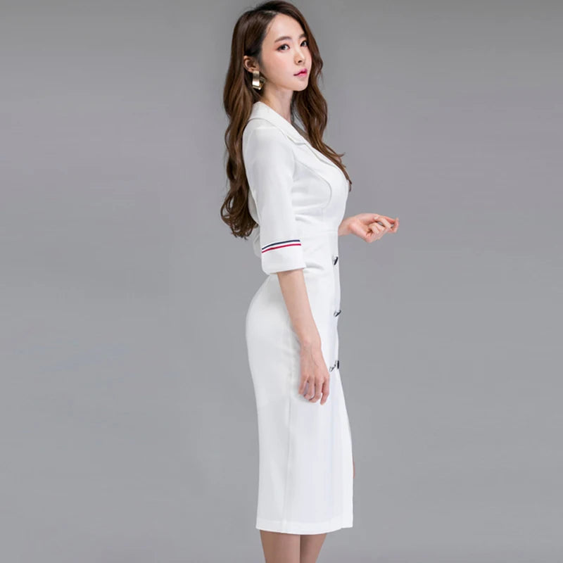 New Autumn Winter Formal Dress Elegant White Half Sleeve Slim