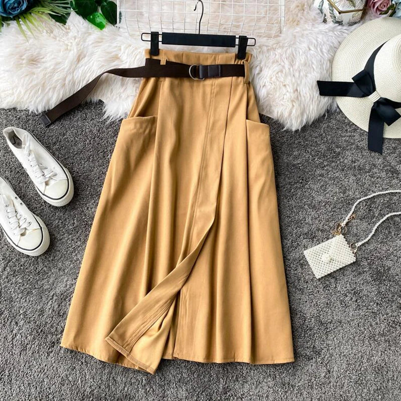 Slim High Waist A-Line Skirts Spring Summer Irregular Elegant Midi Korean Skirt