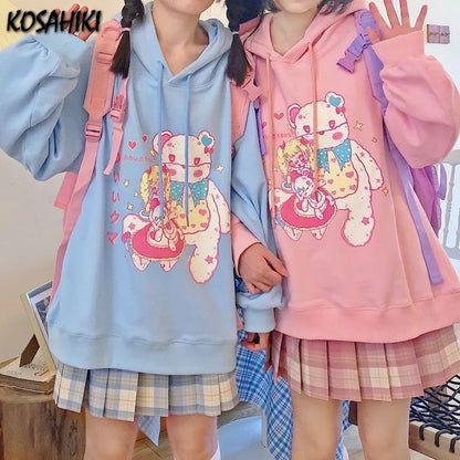 KOSAHIKI Harajuku Japanese Anime Bear Hoodies Women Spring  Cute Pullovers