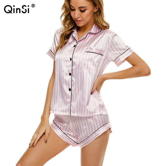 QINSI Nightwear Pyjama Sleepwear Pijama Silk Printing Button Shirt