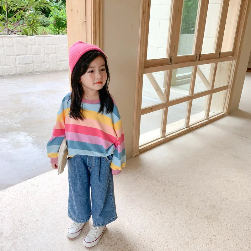 Baby Kids Hoodies Korean Autumn Sweatershirt Rainbow Striped