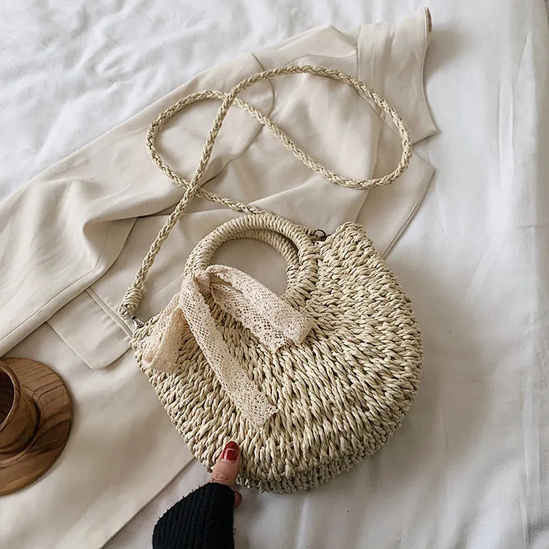 DikizFly Rattan Woven Straw Bag Women Weaving Summer Beach Bags Handmade Half