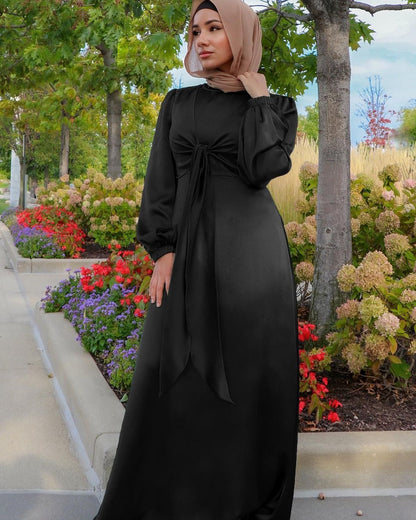 Muslim Women Solid Color Long Sleeve Long Maxi Dress Spring