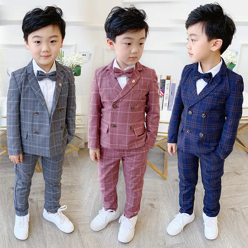 Flower Boys Formal Dress Suit Set Autumn Children Plaid Double Breasted Blazer