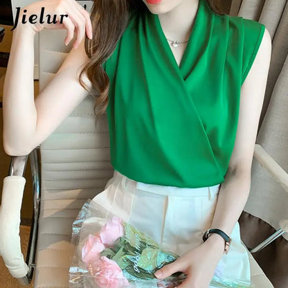 Jielur Womens Tops Blouses Solid Color White Satin Blouse Office Shirt