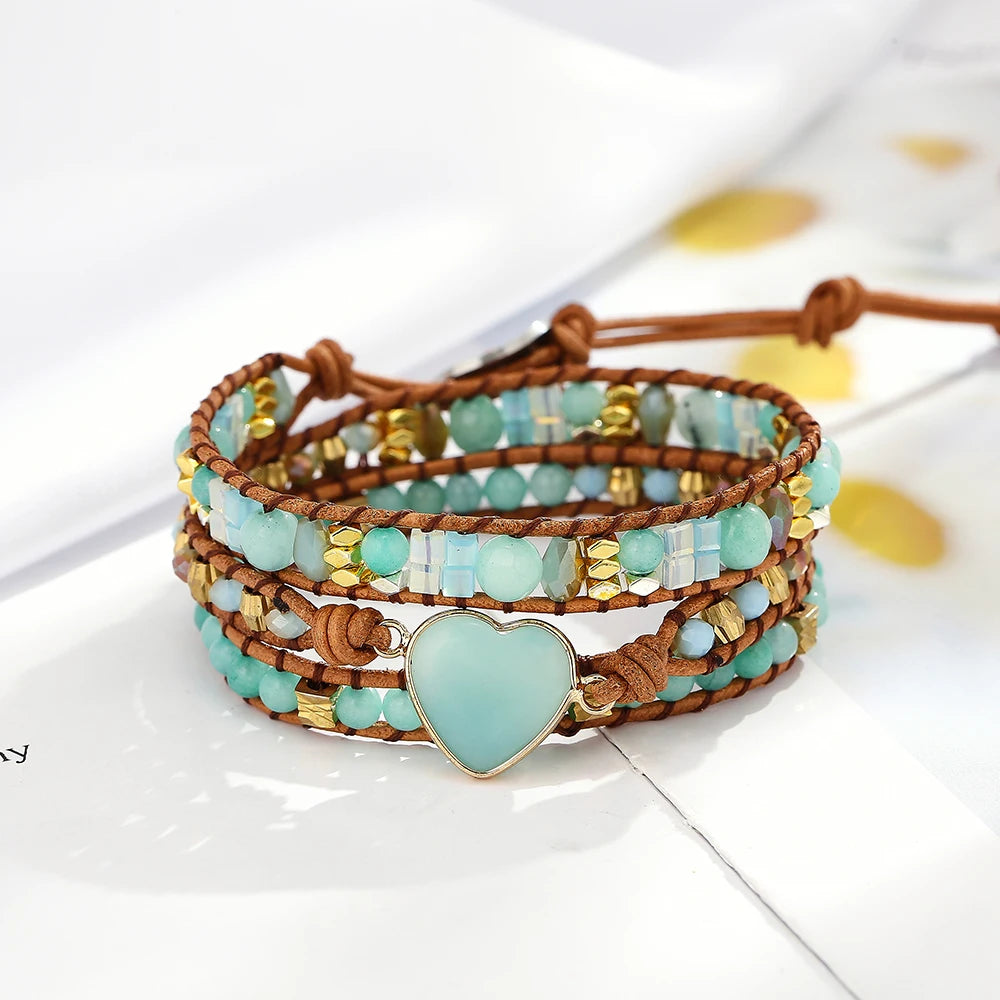 Heart Amazonite Bracelet Natural Stone Leather Wrap Bracelets Gemstones