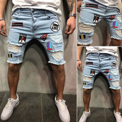 New Men's Ripped Embroidered Patchwork Men Denim Jeans Short Jeans