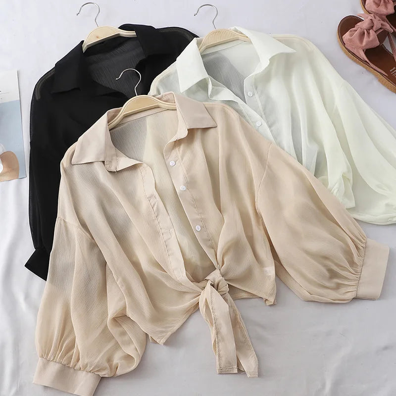 Chiffon Shirts Women Summer Half Sleeve Buttoned Up Shirt Loose Casual