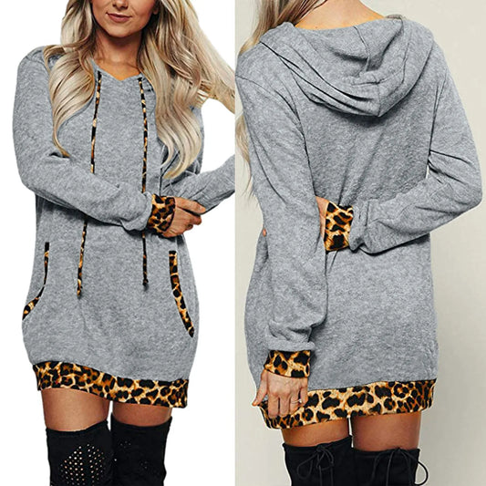 Women Hooded Warm Long Hoodies Long Sleeve Hoodies Winter Leopard Sweatshirts