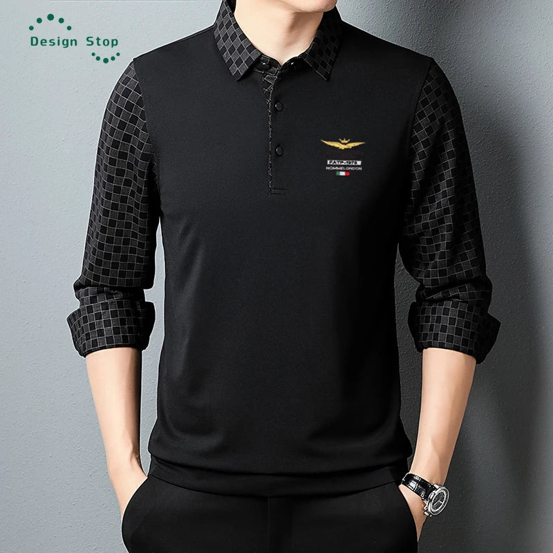 Button Collar Polo Shirt for Men New Fashion Long Sleeve Tee Shirt Polos Top