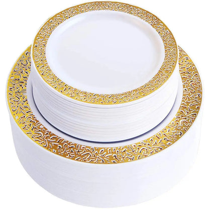 Gold Disposable Plastic Plates -Lace Design Wedding Party Plastic Plates