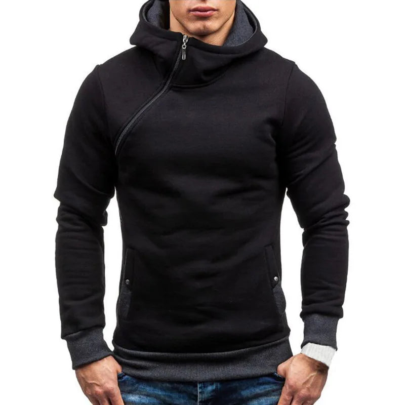 New Casual Solid Mens Hoodies Diagonal Zipper Long Sleeve Hoodie Sweatshirts Men