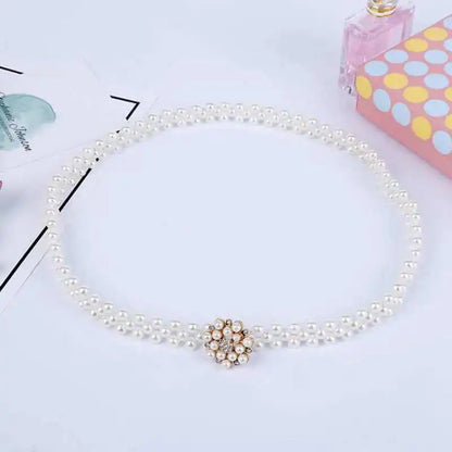 Elegant Women Pearl Belt Waist Belt Elastic Buckle Pearl Chain Belt Female