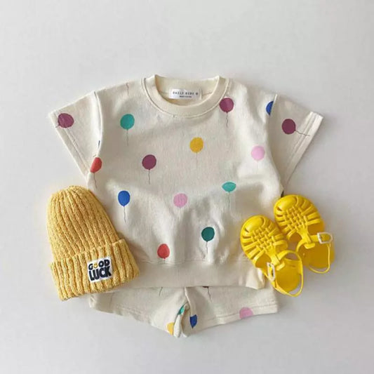 New Kids Baby Cute Balloon Print Clothing Sets Girls Boys Cotton Short