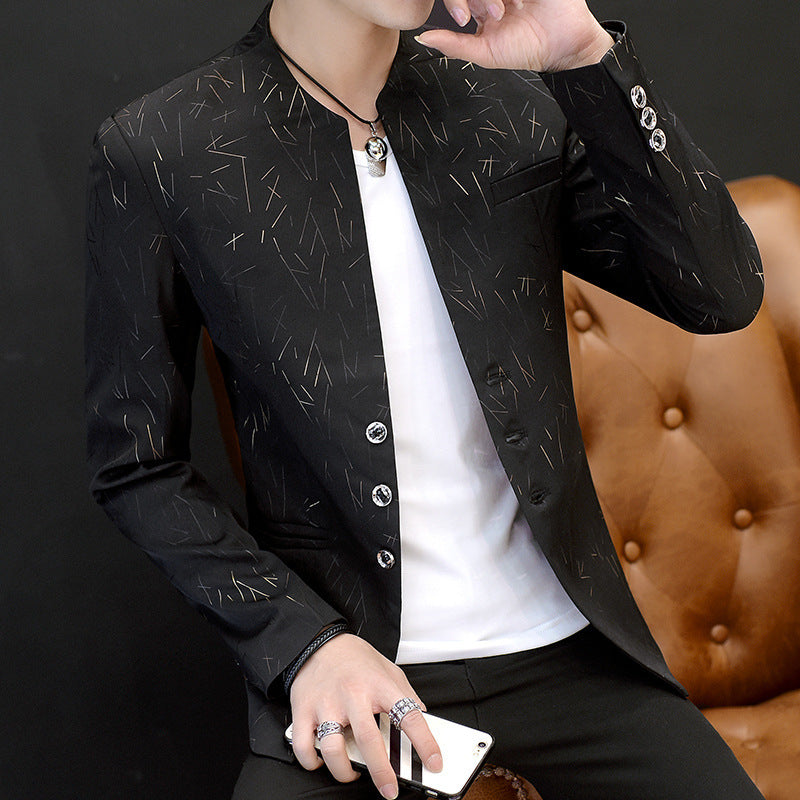 Men Blazer Suit Printed Slim Stand Collar Casual  Mens Suit Thin