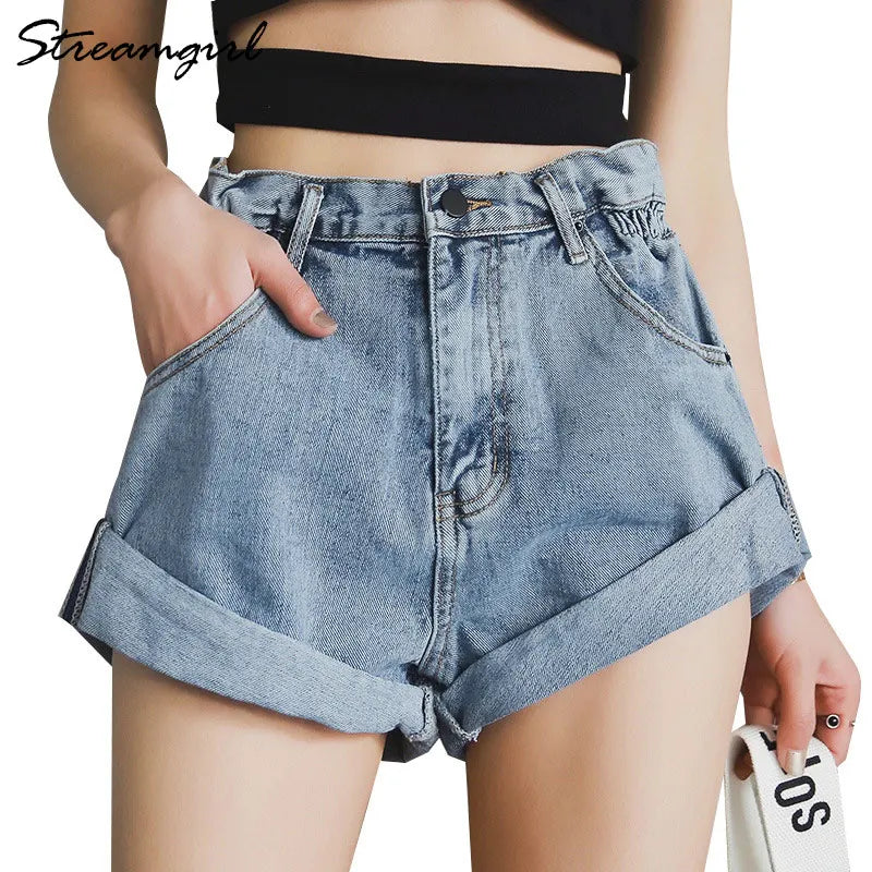 Streamgirl Denim Shorts Women's White Women Short Jeans Khaki Wide Leg Elastic