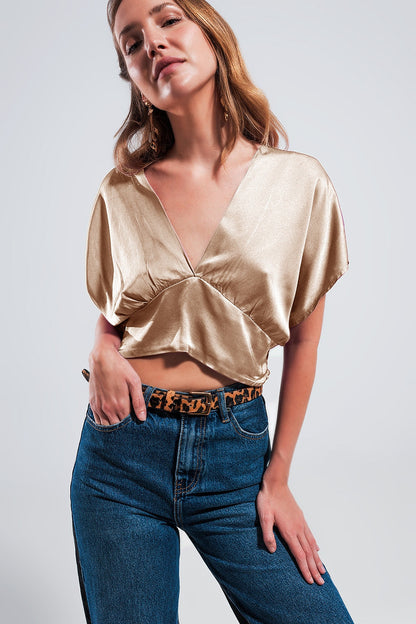 Short Sleeve Cropped Satin Top in Beige