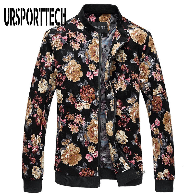 Bomber Jacket Men Spring Autumn Floral Korean Slim Fit Long Sleeve Jackets