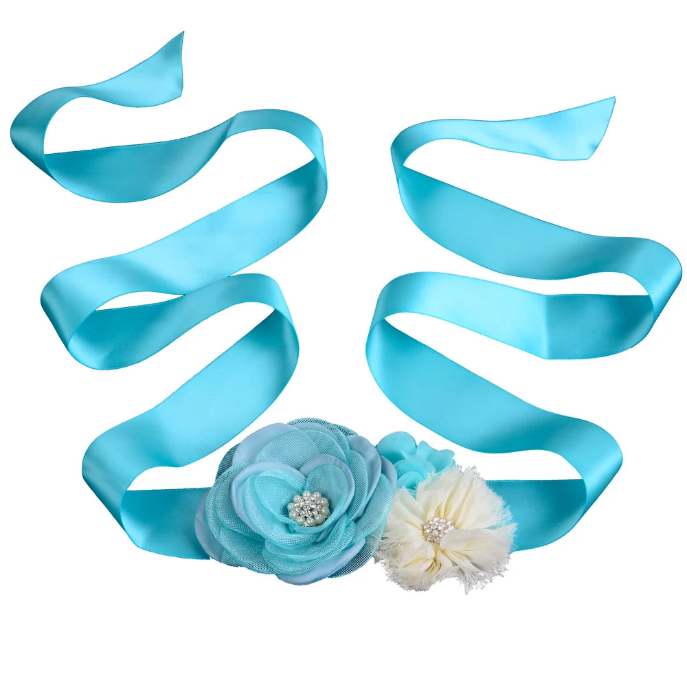 Turquoise Blue Girl Woman Sash Belt Satin Silk Chiffon Flower Sash Belt