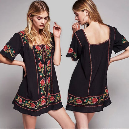 Floral Embroidery Cotton Dress 2017 Square Collar Half Sleeve