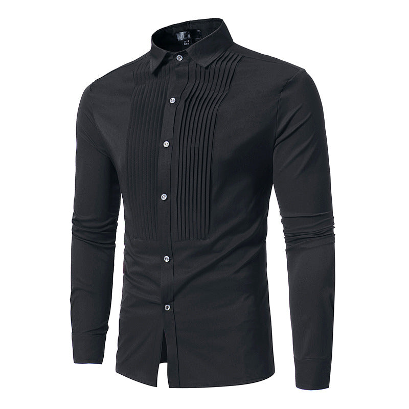 Fashion Long Sleeve Shirt Solid Slim Fit Male Social Casual Business Pleated