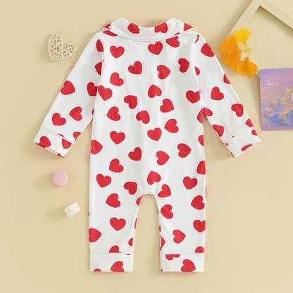 0-24m Baby Pajamas Jumpsuits Heart Print Lapel Button Up Girls Sleepwear