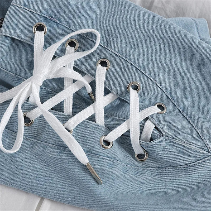 Spring Autumn Women Jeans Shorts Tie High Waist Denim Shorts