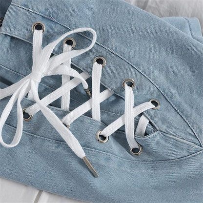 Spring Autumn Women Jeans Shorts Tie High Waist Denim Shorts