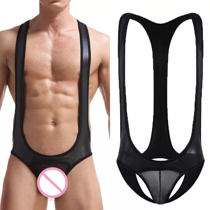 Sexy Mens Undershirts Jockstrap Mesh Leather Jumpsuits Wrestling Singlet