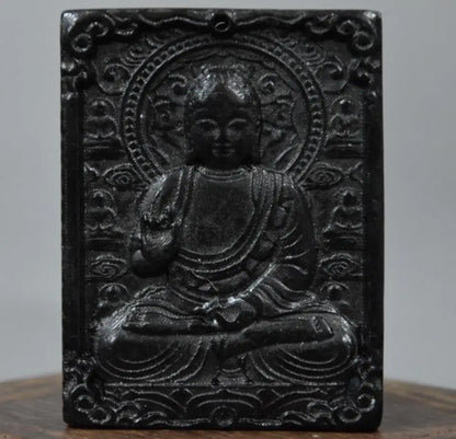 Hongshan Culture Archaize Black Iron Meteorite Sculpture Sakyamuni Buddha Statue