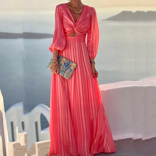 Elegant Long Sleeve v Neck Pleated Long Dress Women Sexy