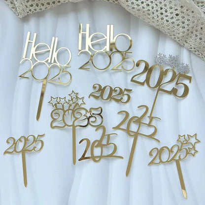 2025 Happy New Year Party Cake Toppers Gold Acrylic