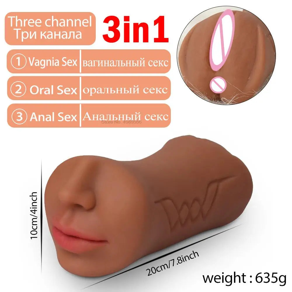 3 IN 1 Male Masturbator Silicone Vagina Real Pussy Open Mouth Teeth Realistic