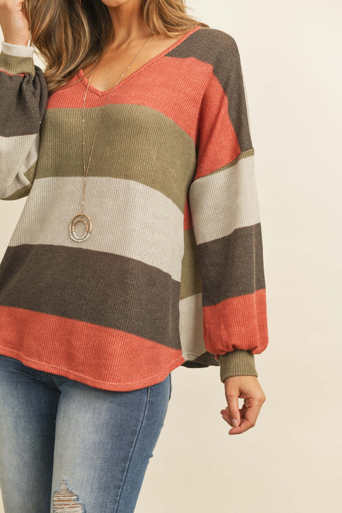 Rib Multicolor Stripes V-Neck Puff Sleeves Top