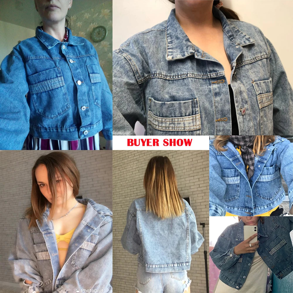 Women Denim Bomber Long Sleeve Jaqueta Tops Loose Vintage Jacket