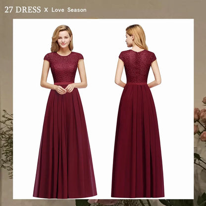 Charming Burgundy Lace Chiffon Long Evening Dress Elegant Short Sleeve Evening