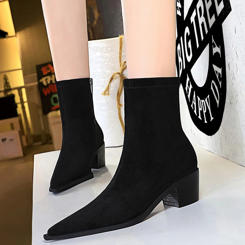 Suede Women Ankle Boots Autumn Shoes Pointed Toe Boots Thick Heel Short Boots