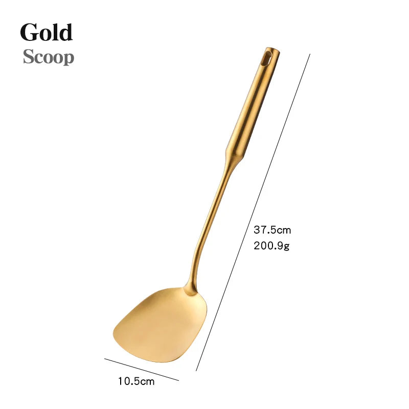 1-10pcs Stainless Steel CookwarLong Handle Set Gold Cooking Utensils Scoop Spoon