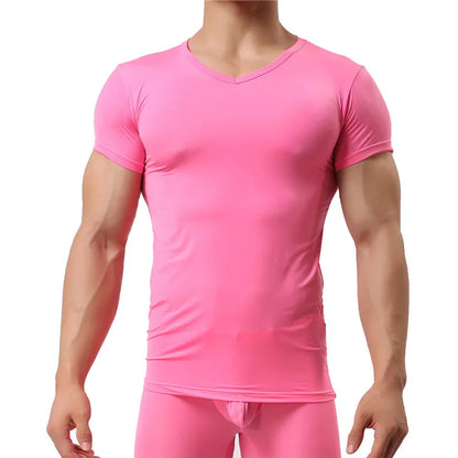 Man Undershirt Ice Silk Spandex Sheer T Shirts Male Nylon V-Neck Short Sleeves