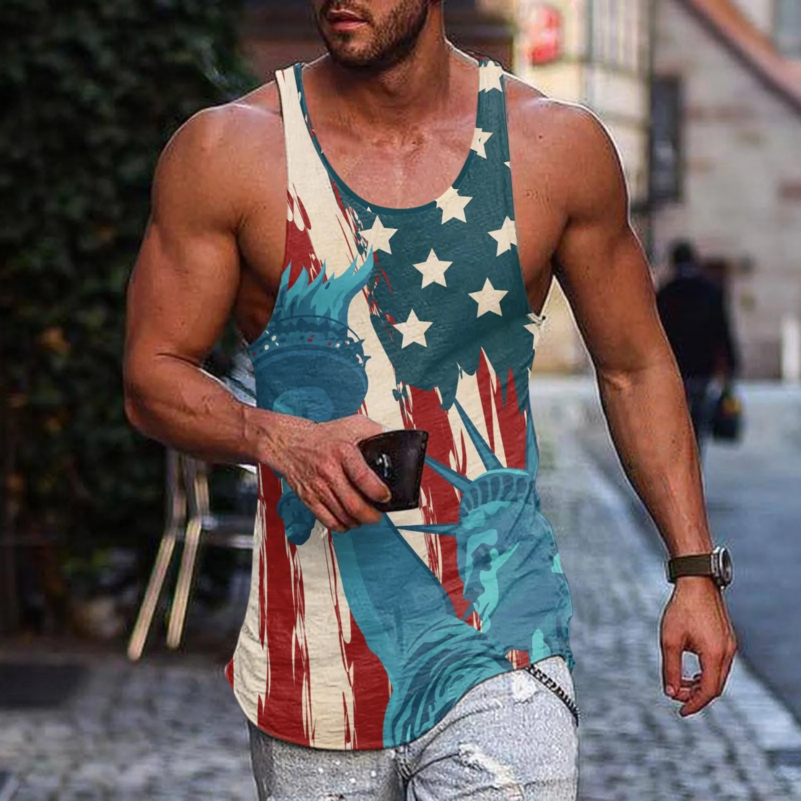 Men Summer Tank Tops Vests Casual Beach O Neck American Flag Printed