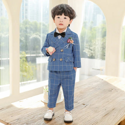 Flower Boys Formal Dress Suit Set Autumn Children Plaid Double Breasted Blazer