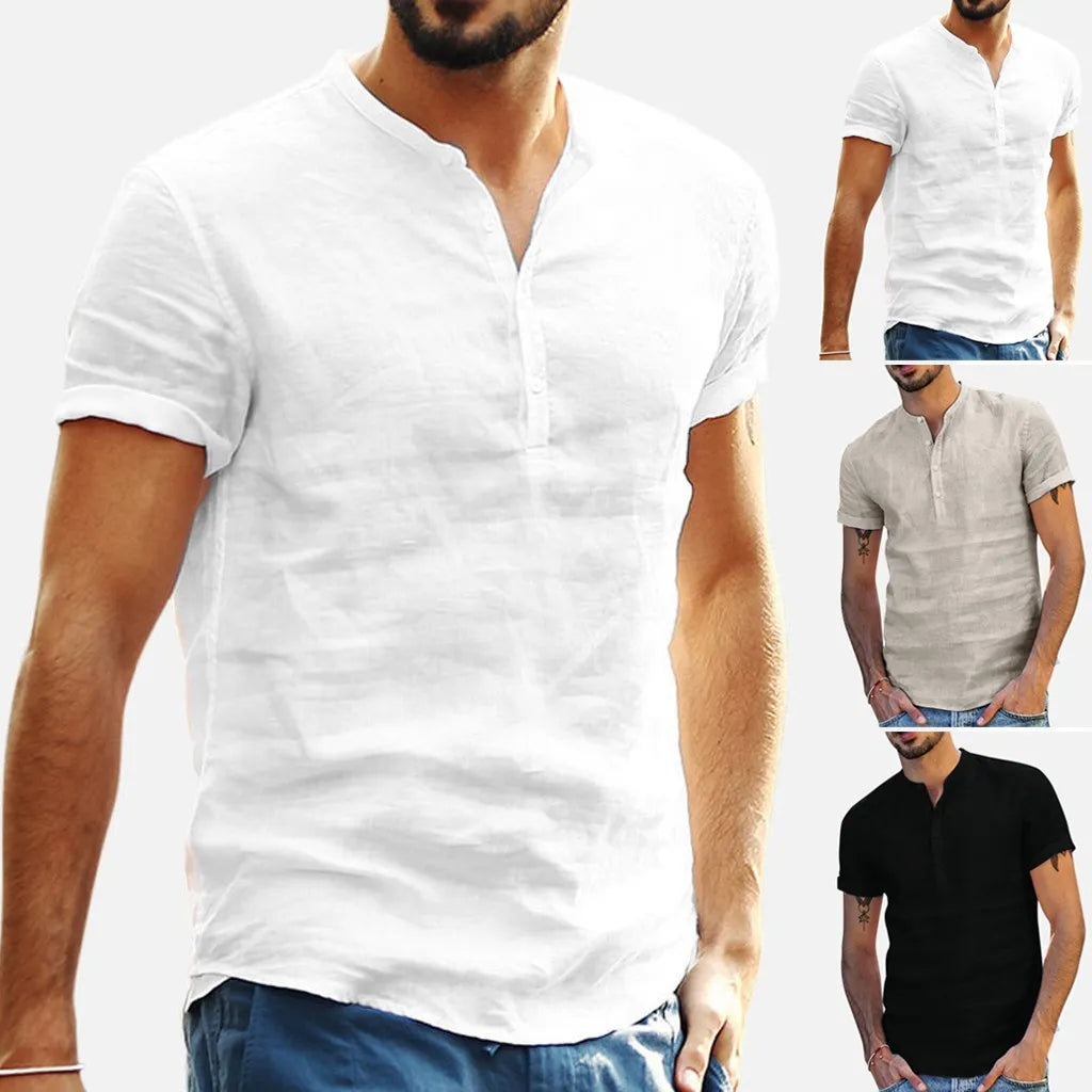 2024 New Men's Standing Collar Cotton Linen Short Sleeved Shirt