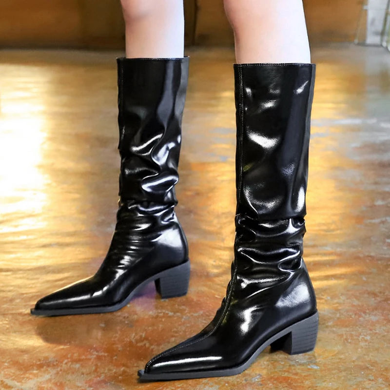 BIGTREE Shoes Patent Leather Women Knee-High Boots Thick Heel Women Boots