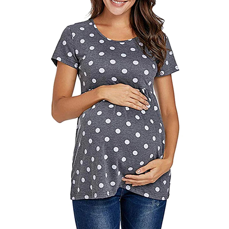 Women Pregnancy Casual T Shirt Maternity Short Sleeve Dot Print Tees Tops