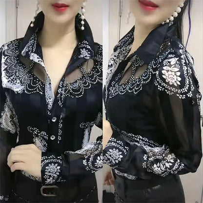 Trendy Streetwear Offce Women Blouses Hot Drill Mesh Chiffon Shirts