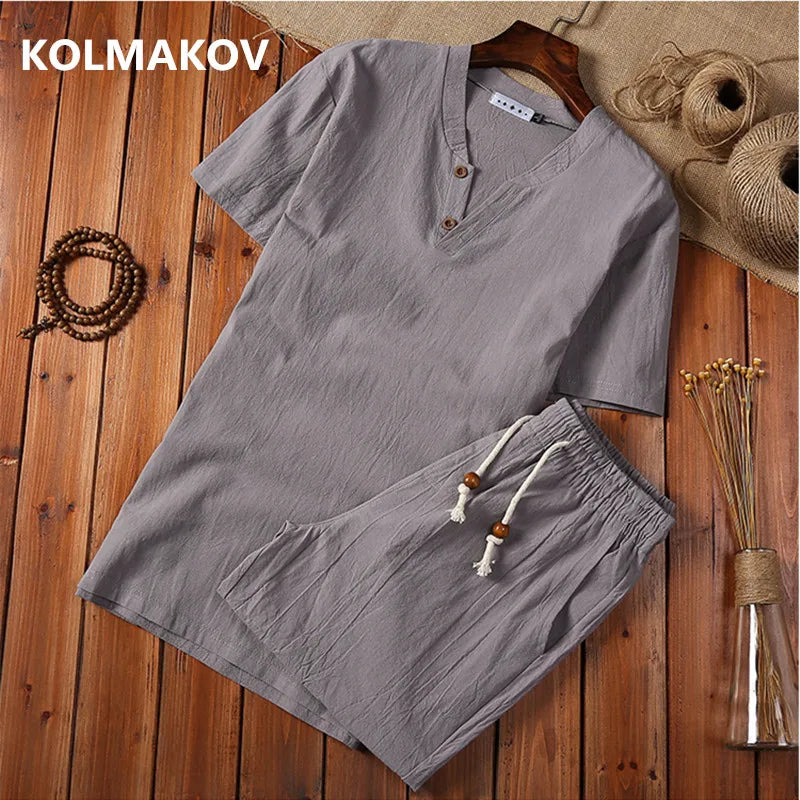 (Shirt + Shorts) 2021 Summer Fashion Men Shirt Cotton and Linen