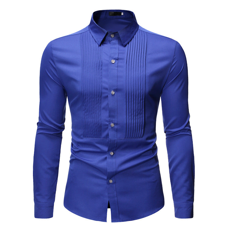 Fashion Long Sleeve Shirt Solid Slim Fit Male Social Casual Business Pleated