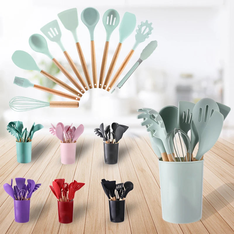 Silicone Kitchen Utensils Set Non-Stick Cookware Wooden Handle Spatula