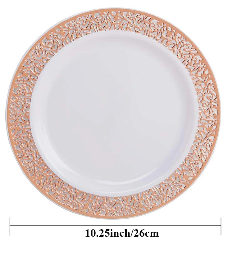 Gold Disposable Plastic Plates -Lace Design Wedding Party Plastic Plates